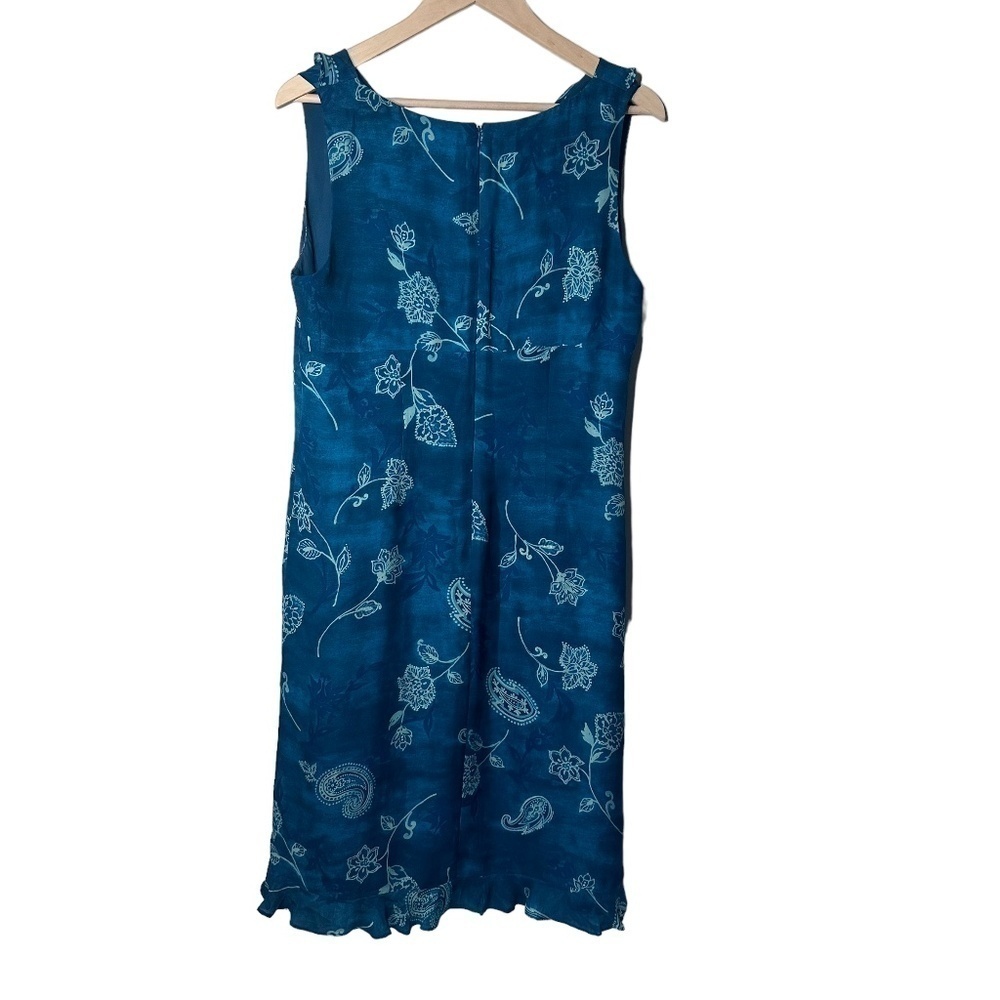 Valerie Stevens Pure Silk Teal Floral Dress with Ruffled Neckline Size 14 - Picture 3 of 10